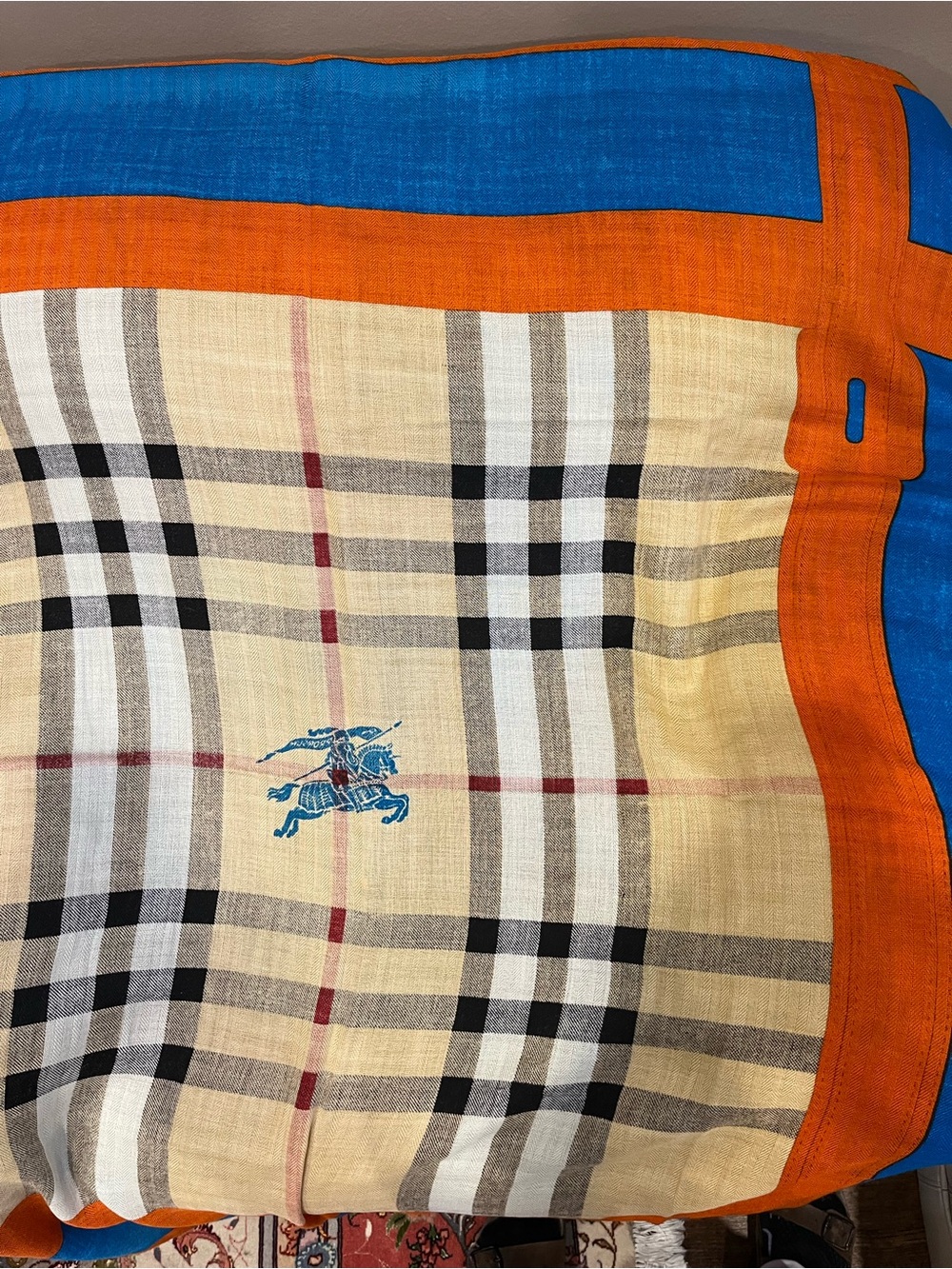 Burberry Beige Check cashmere and wool Scarf with Orange Border and Blue Trim
